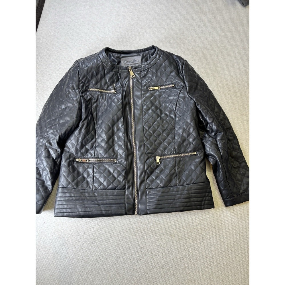 Cavalini Petite Collection Quilted Faux Leather Jacket Black Gold Zipper Size PL